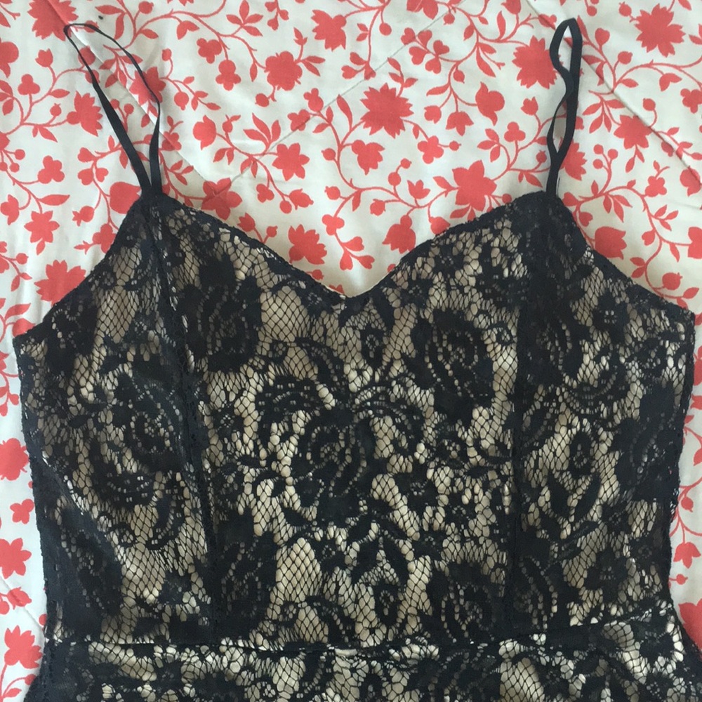 Black lace spaghetti strap dress w/ tan nude slip